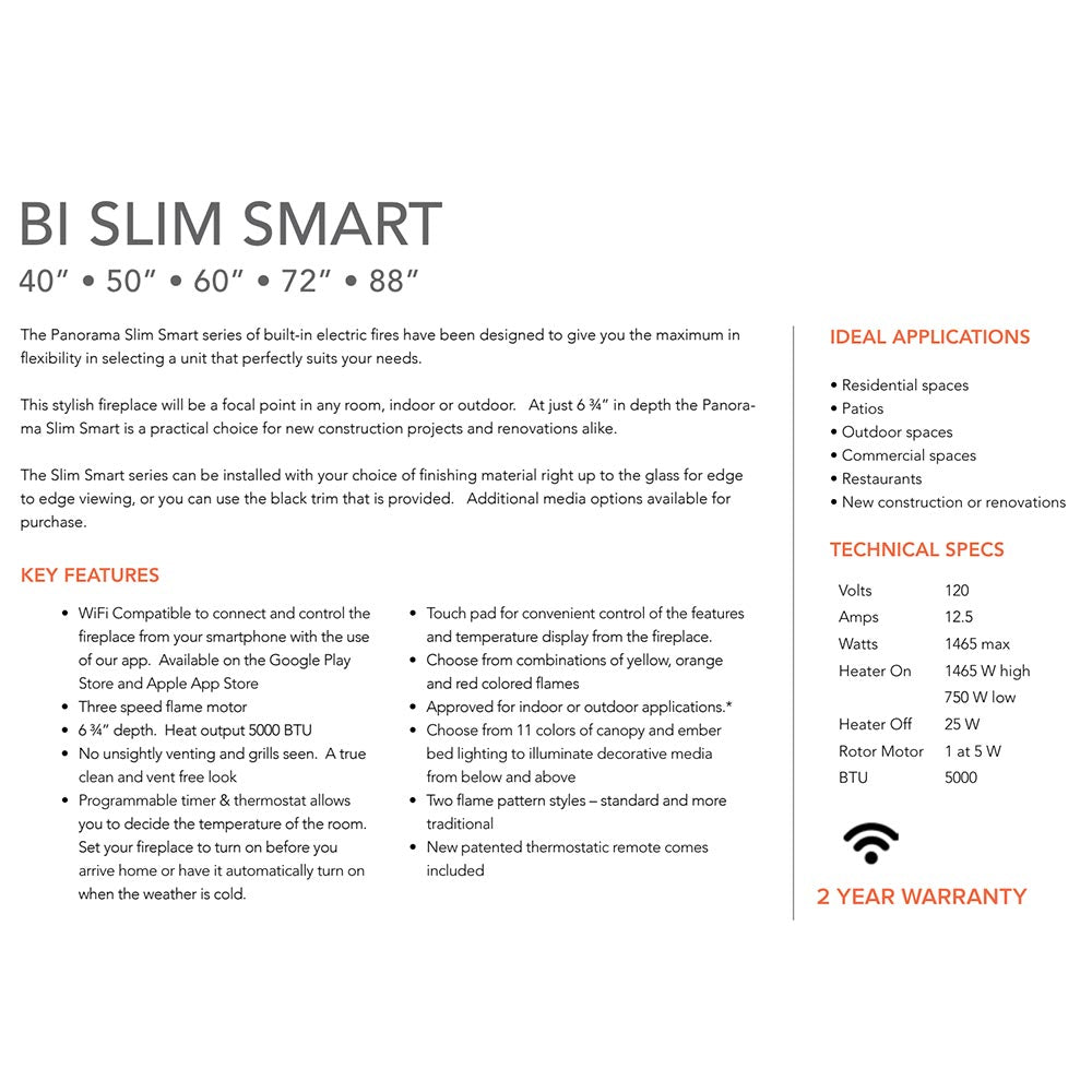 Smart electric fireplace brochure page showing key features and technical specs
