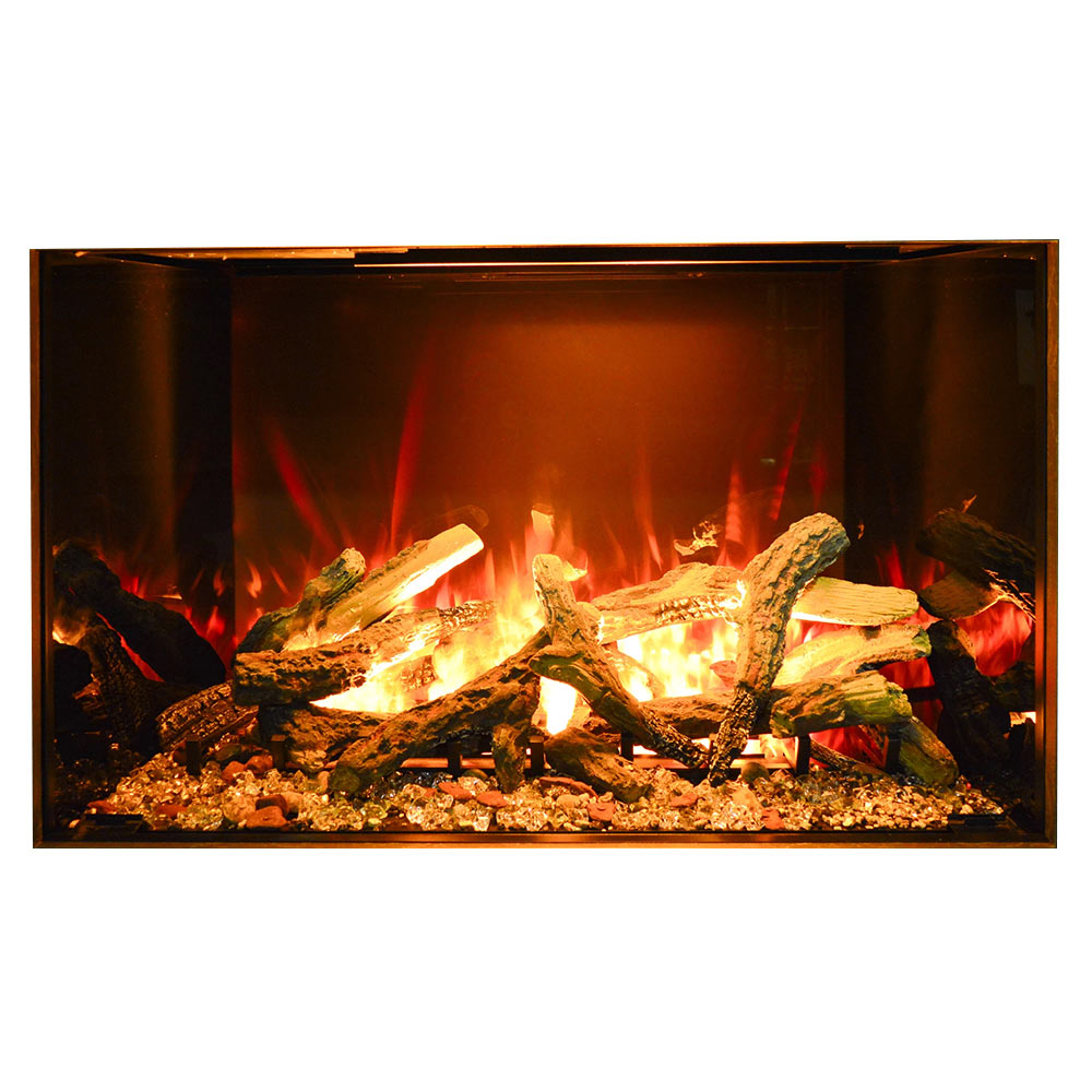 Built-in electric vapour fireplace with glowing logs and orange flame, black frame.