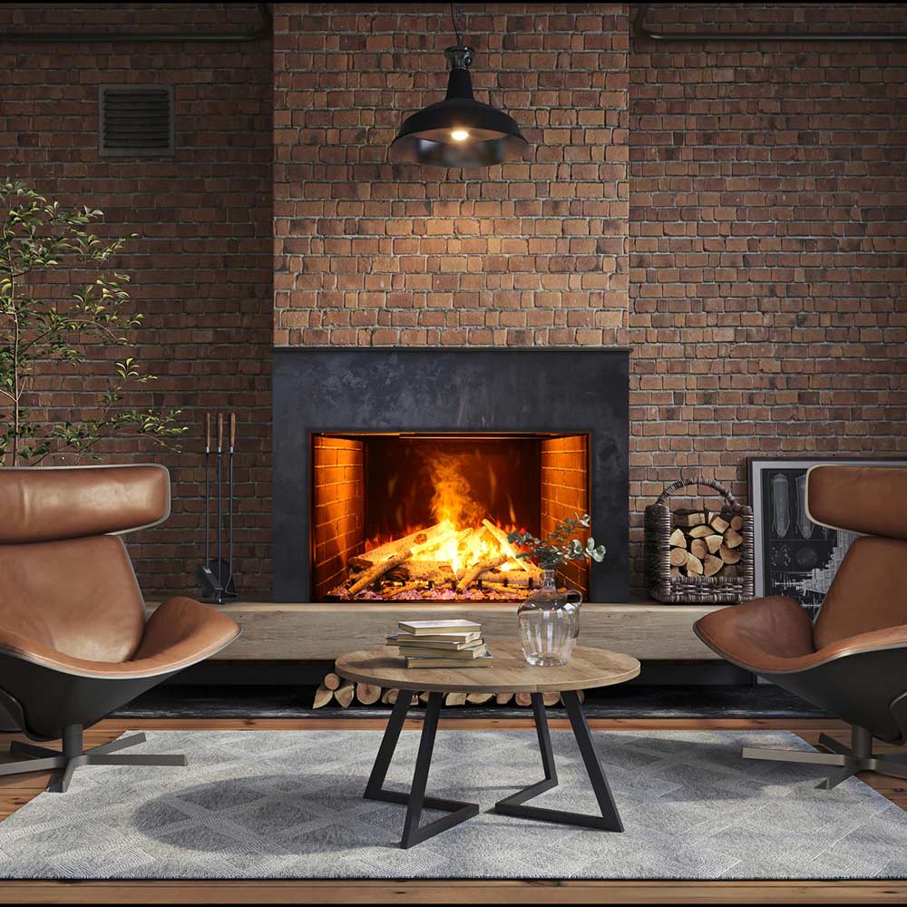Recessed electric vapour fireplace with orange flame, dark surround, and glowing logs.