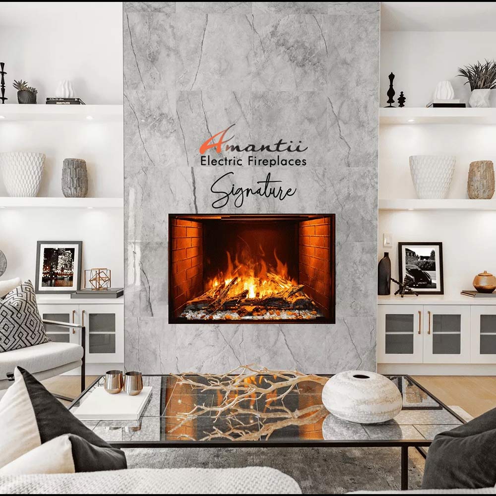 Amantii Signature electric fireplace with orange flame in black-framed opening on marble.