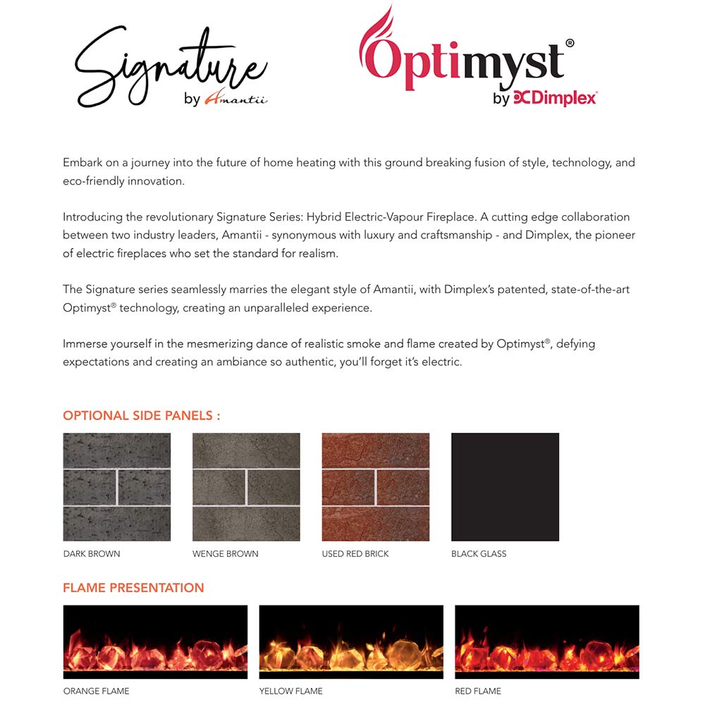 Signature electric vapour fireplace brochure with side panel color options and flame previews.