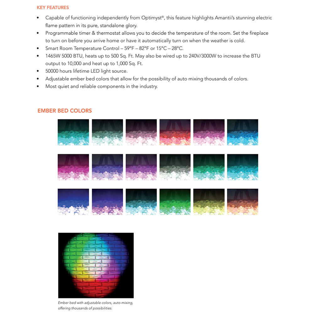 Signature electric vapour fireplace brochure page with key features and ember color swatches.