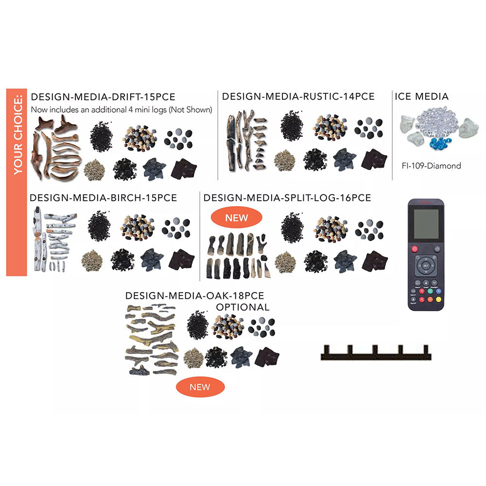 Fireplace media options chart with log designs, ice media, and remote control.