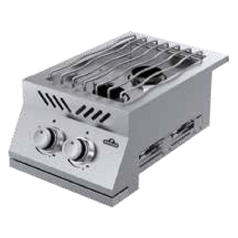 Stainless dual-range top burner with two control knobs and grates