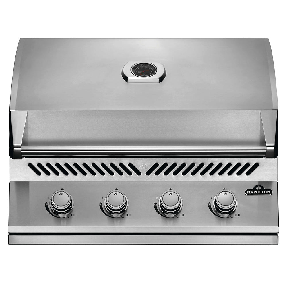 Stainless steel built-in gas grill head with lid, front heat deflector, and four control knobs