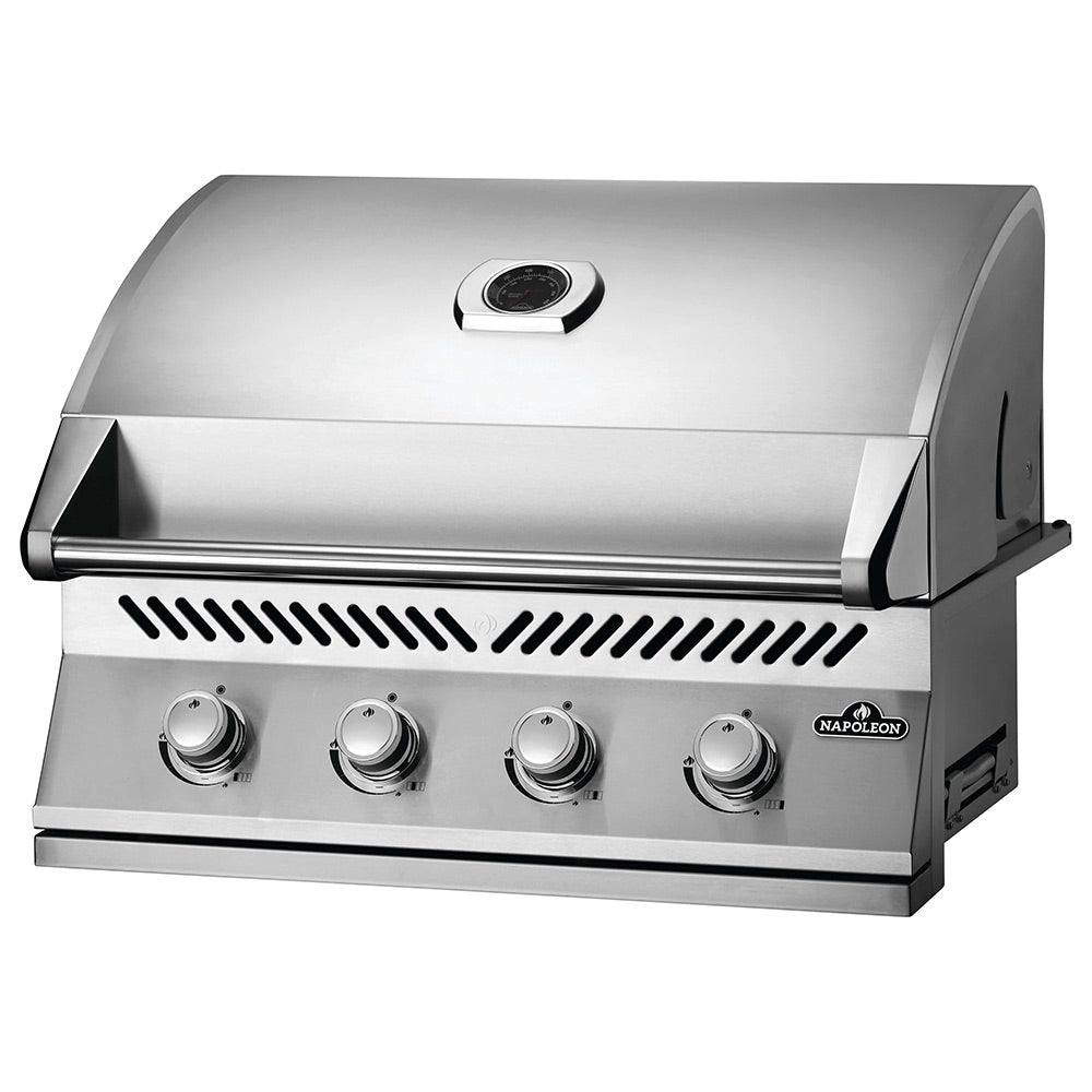 Stainless steel built-in gas grill head with lid and four front burner control knobs