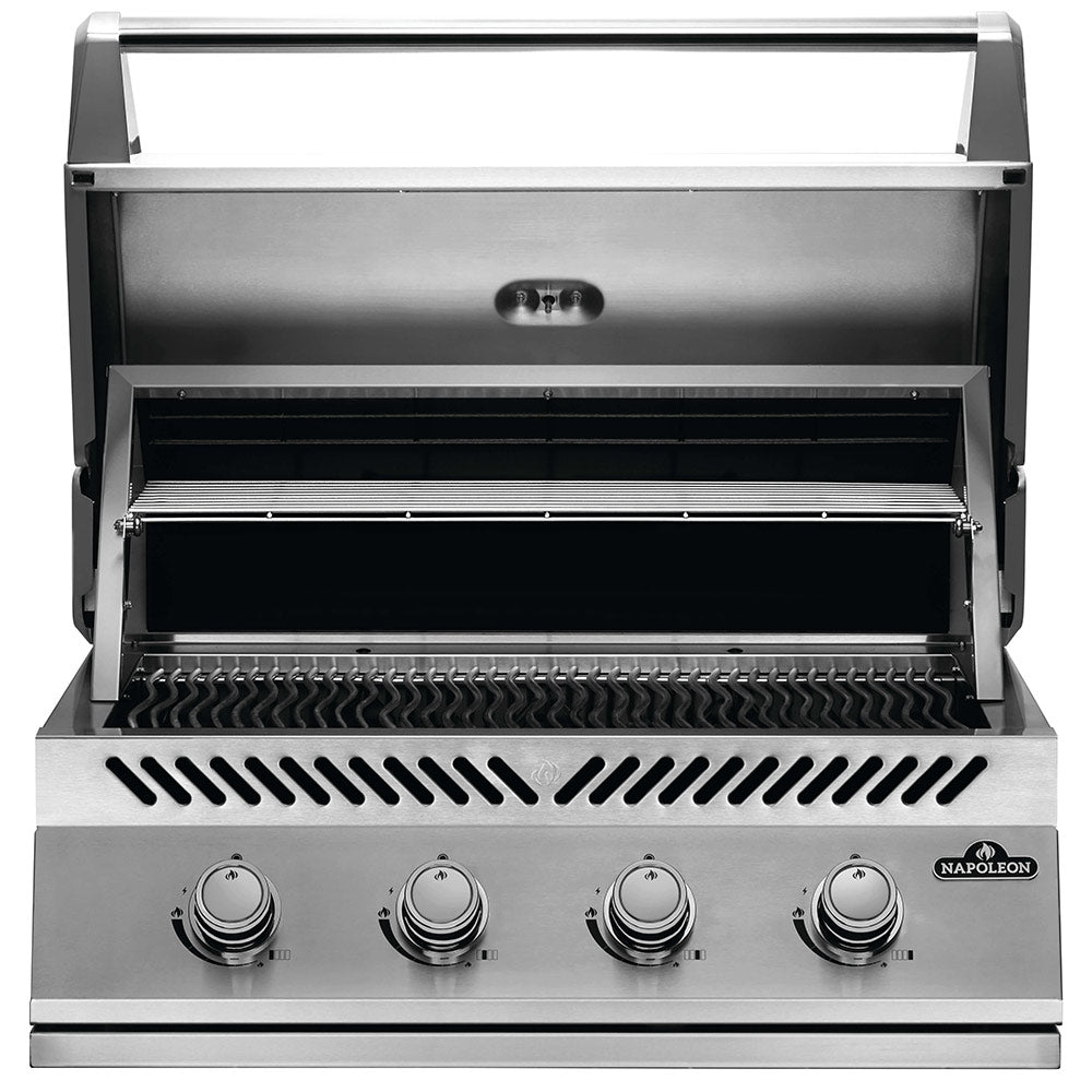 Stainless steel built-in gas grill head with open lid and visible cooking chamber and burners