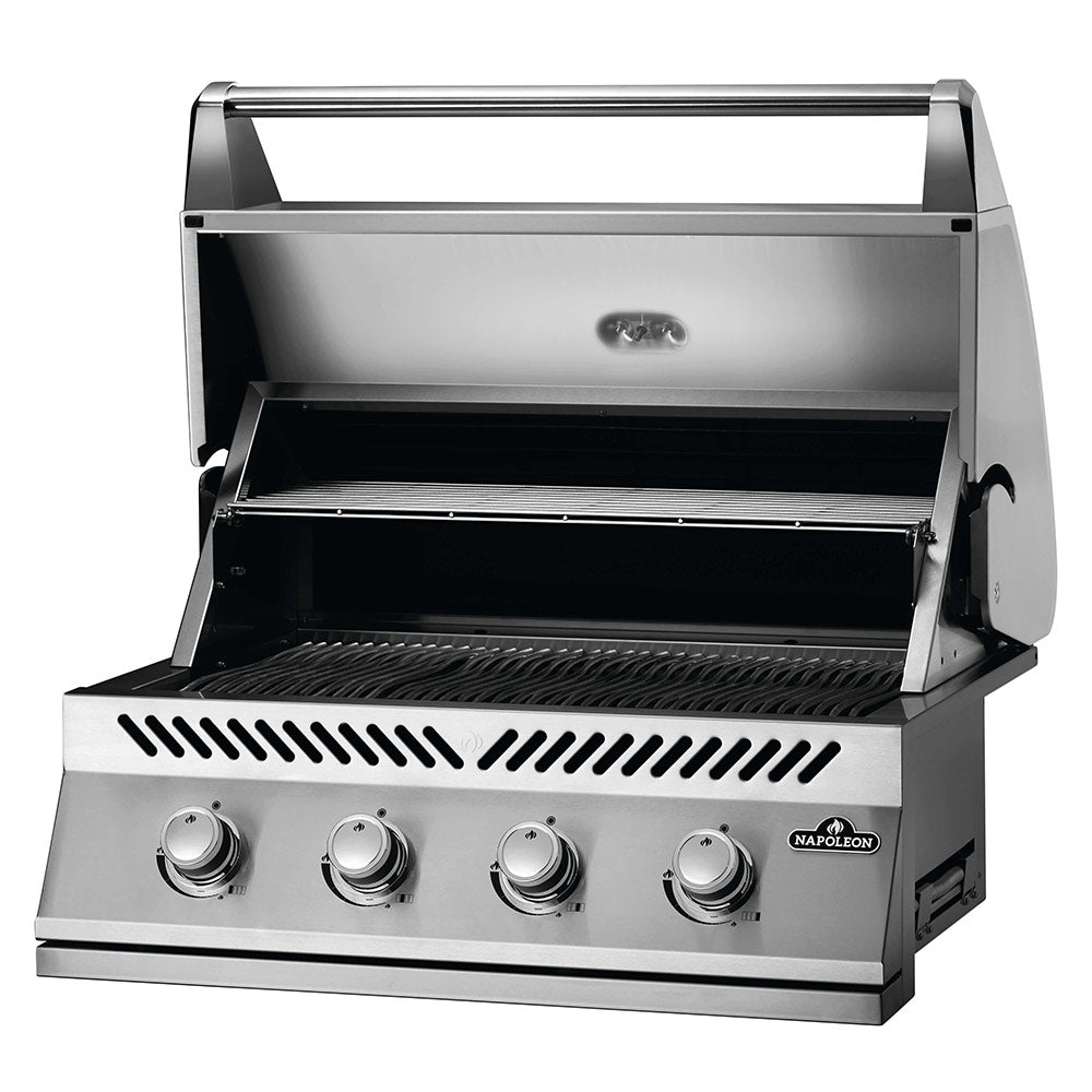 Stainless steel built-in gas grill head with open front, cooking grates, and four control knobs