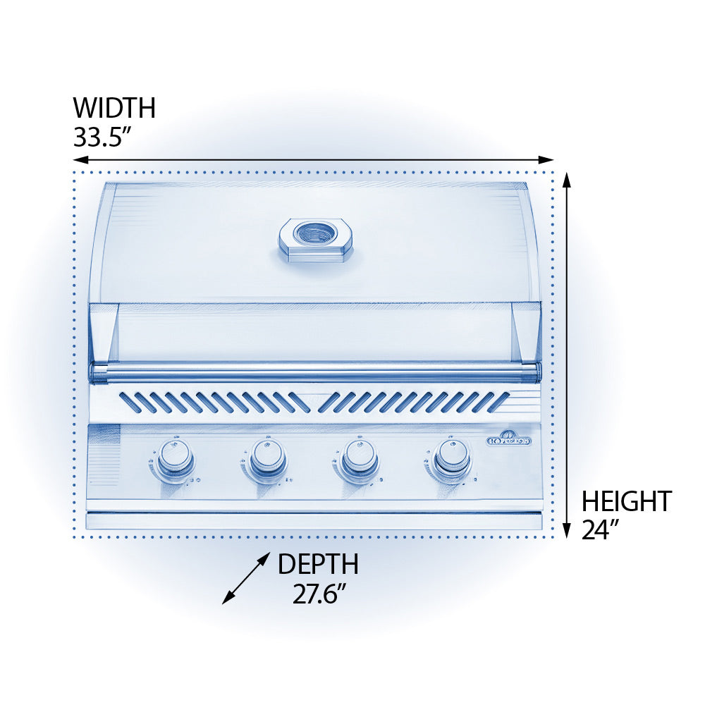 Built-in stainless steel gas grill head with lid and four front burner control knobs