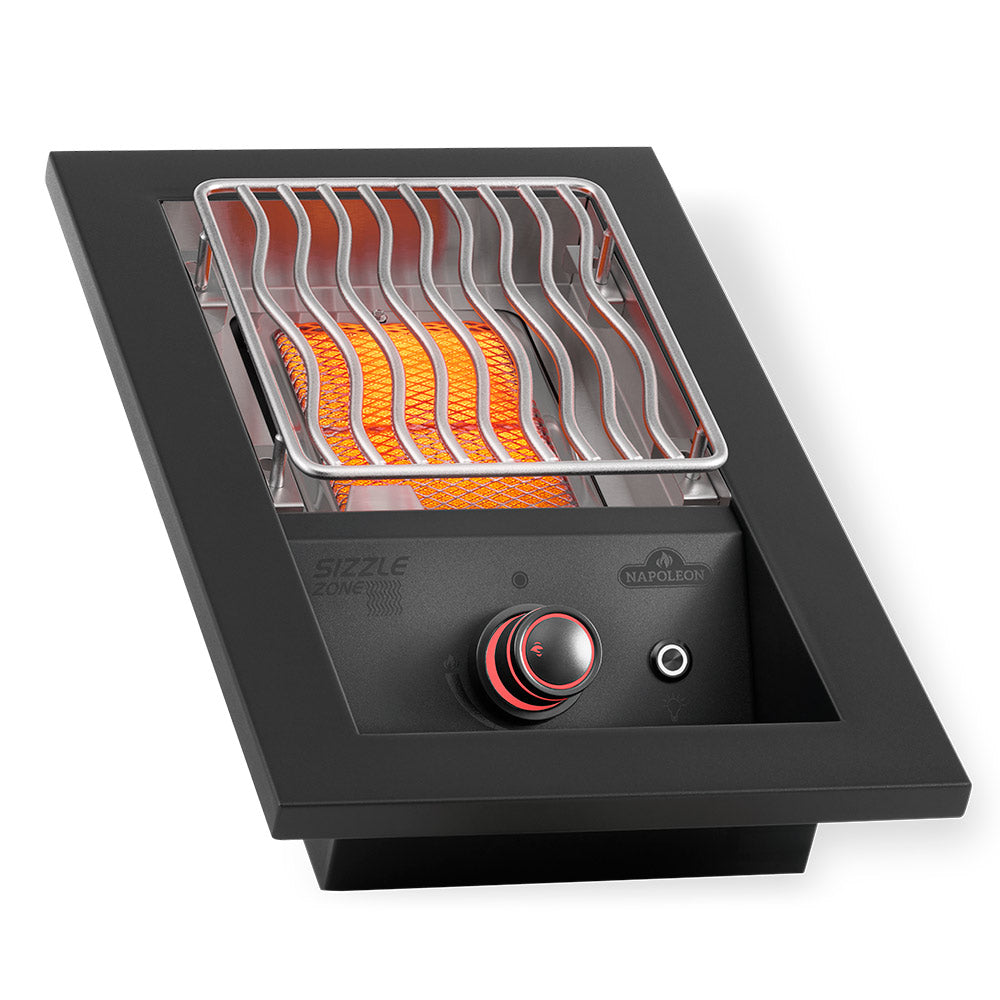 Matte black built-in infrared burner with glowing heating tubes and front control knob