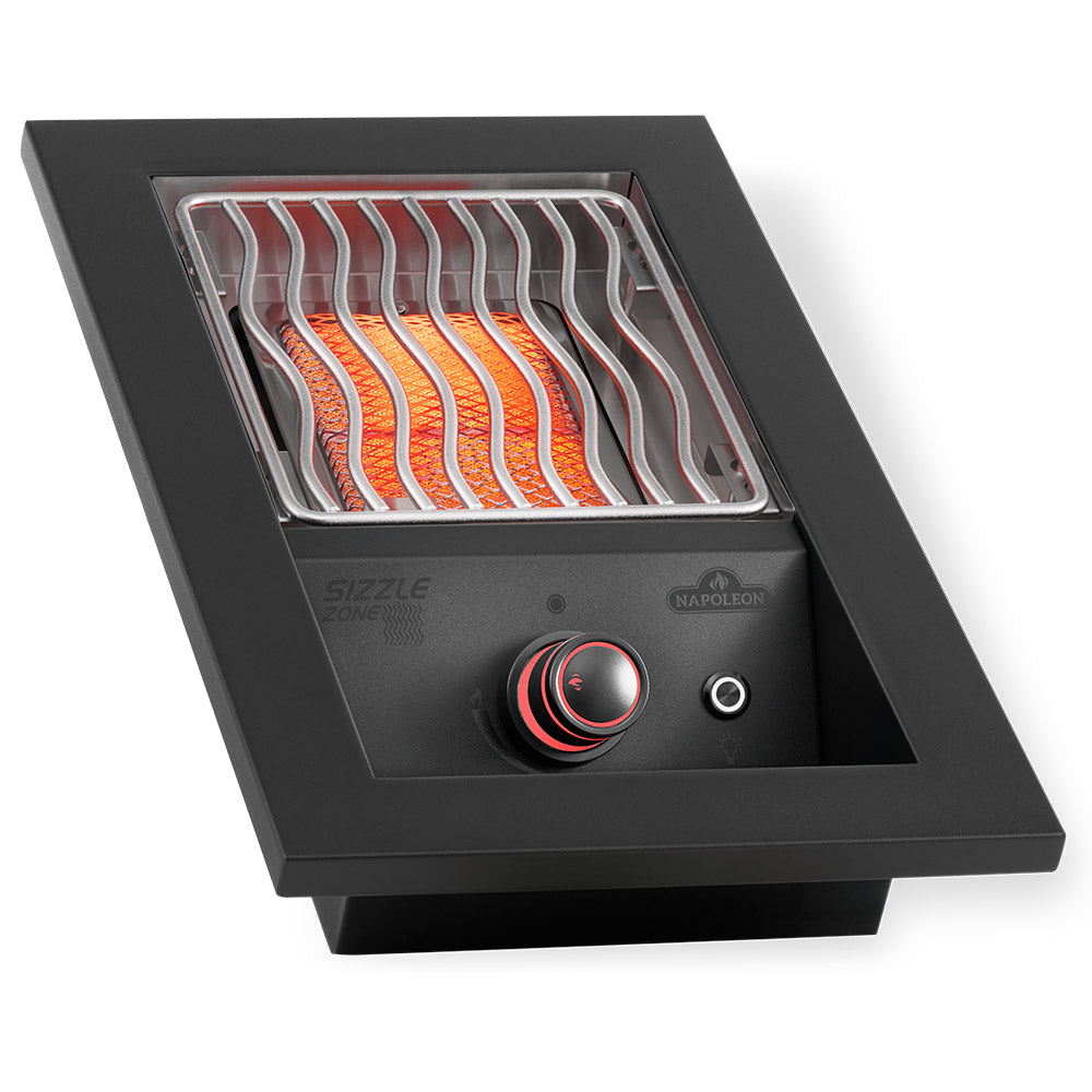 Matte black built-in infrared burner with glowing heating tubes and circular control knob