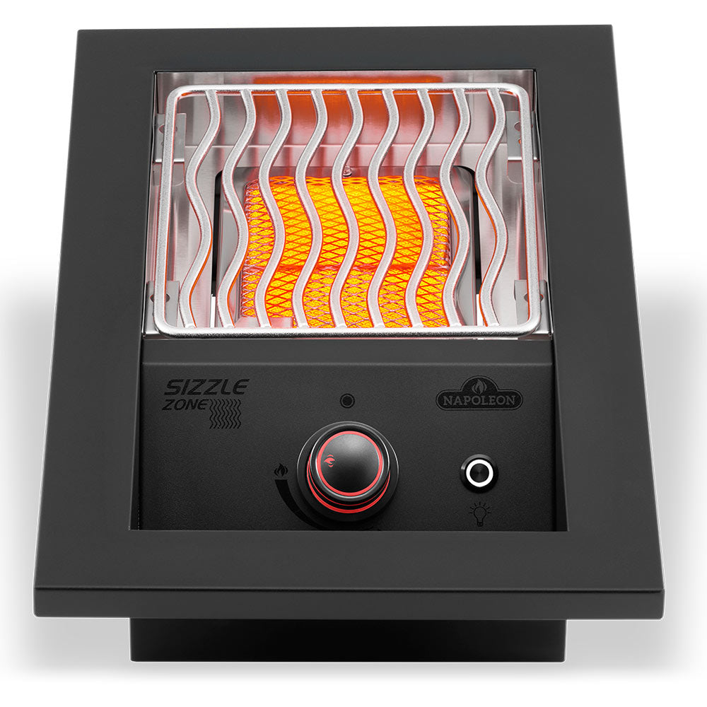 Matte black Napoleon infrared burner with glowing heating tubes and knob controls