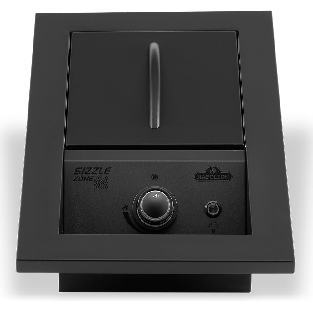 Matte black built-in infrared burner with cover handle and control knobs