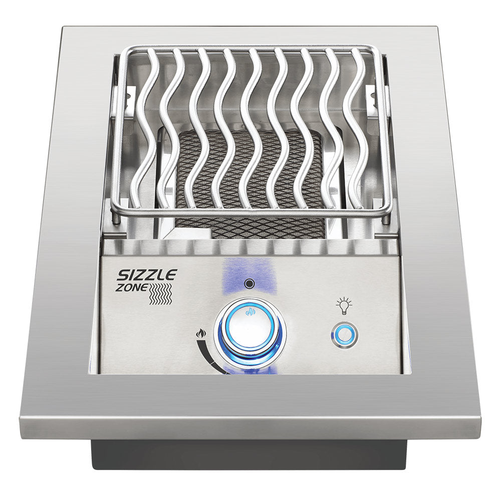 Stainless steel infrared burner grate with front panel controls and blue knob