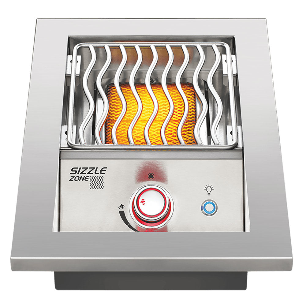 Stainless steel infrared burner grate with glowing orange heat and red control light