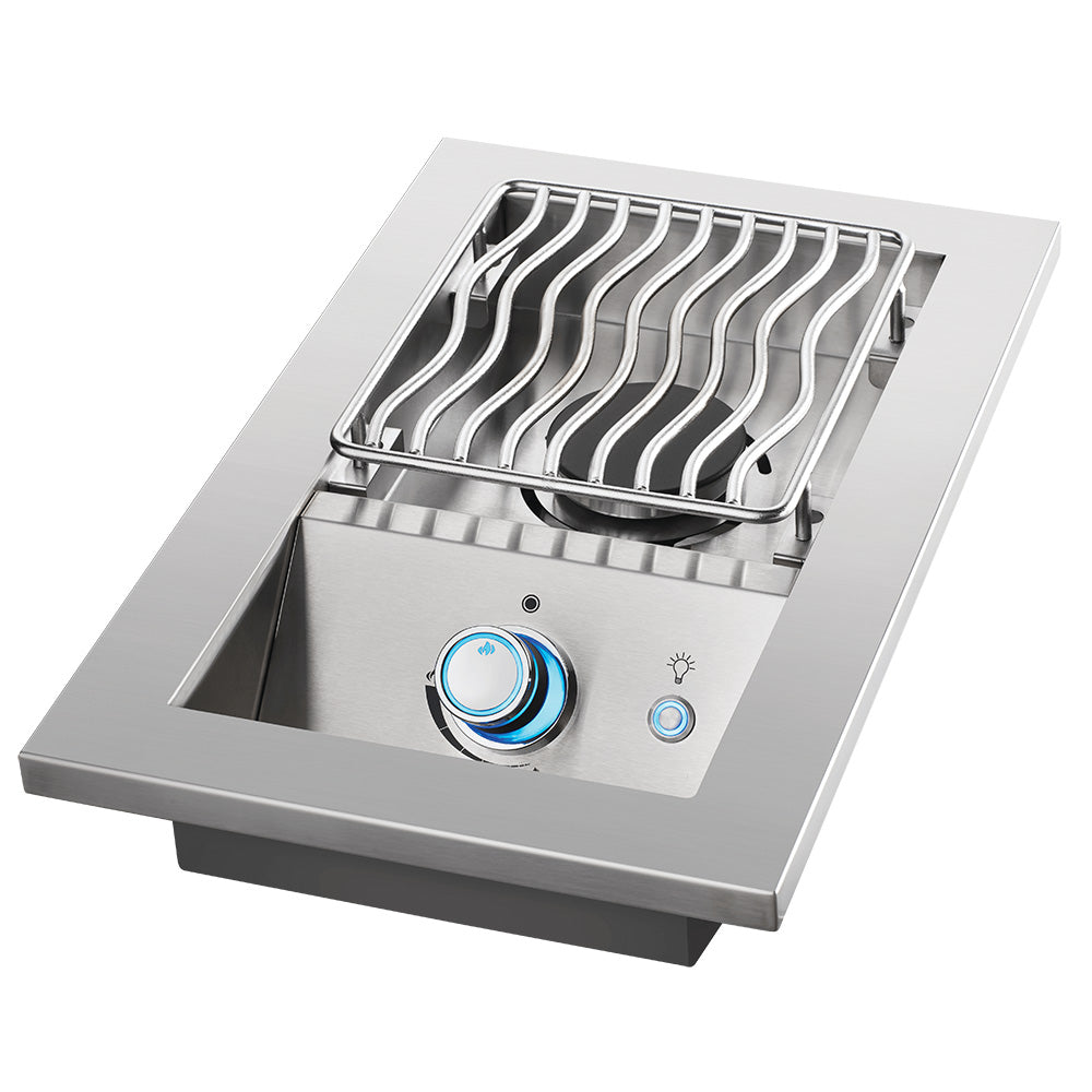 Stainless steel single-burner gas grill insert with wave-style grate and blue knob controls