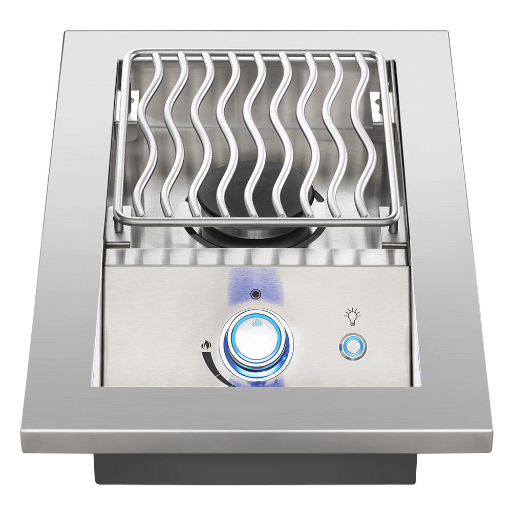 Stainless steel single-burner gas grill insert with raised grate and central blue knob