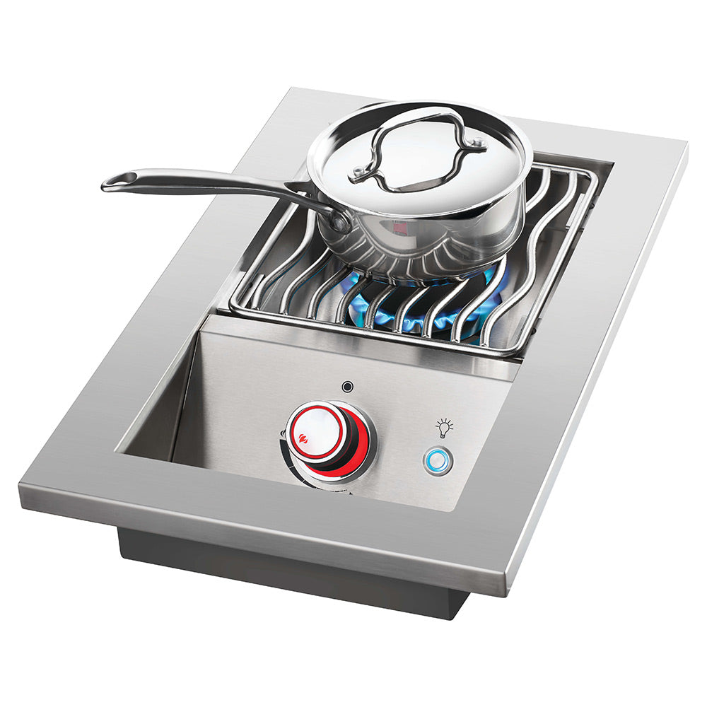 Stainless steel single-burner gas grill insert with cookware pot and blue flame