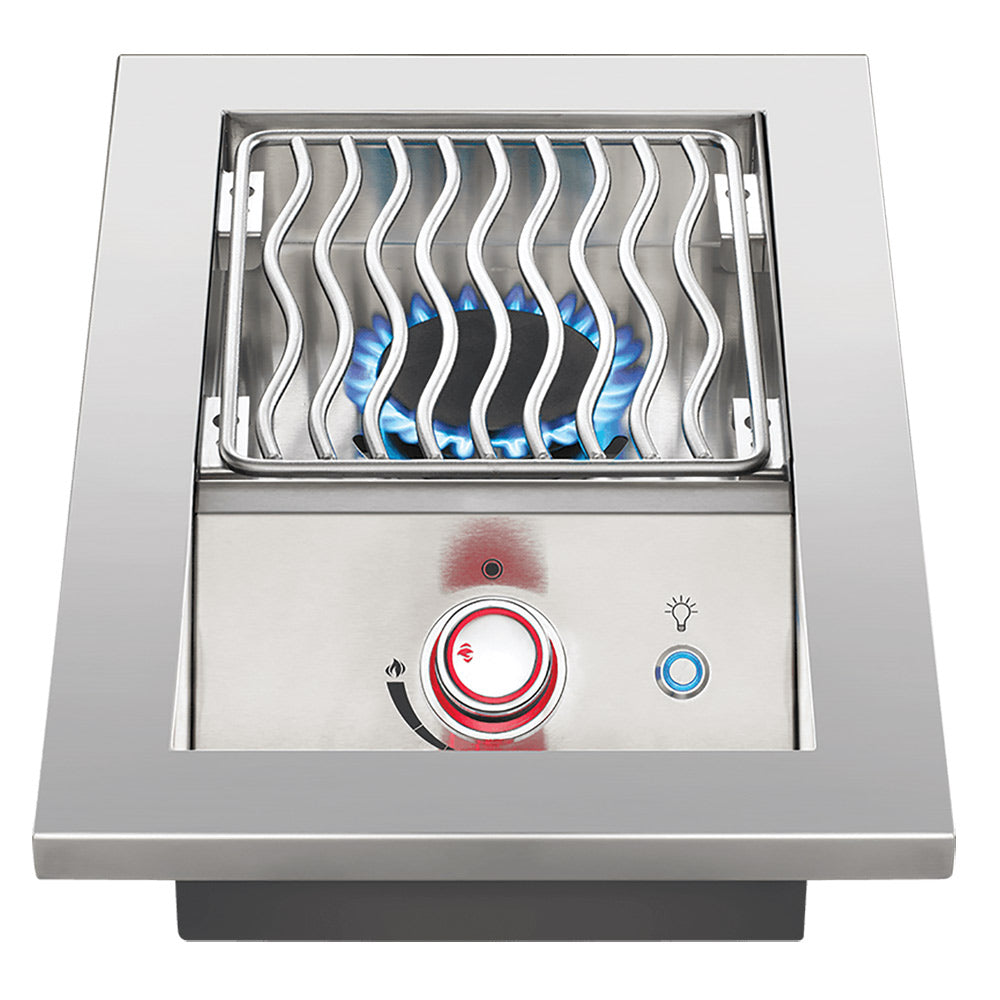 Stainless steel single-burner gas grill insert with lit flames and red/blue control knobs