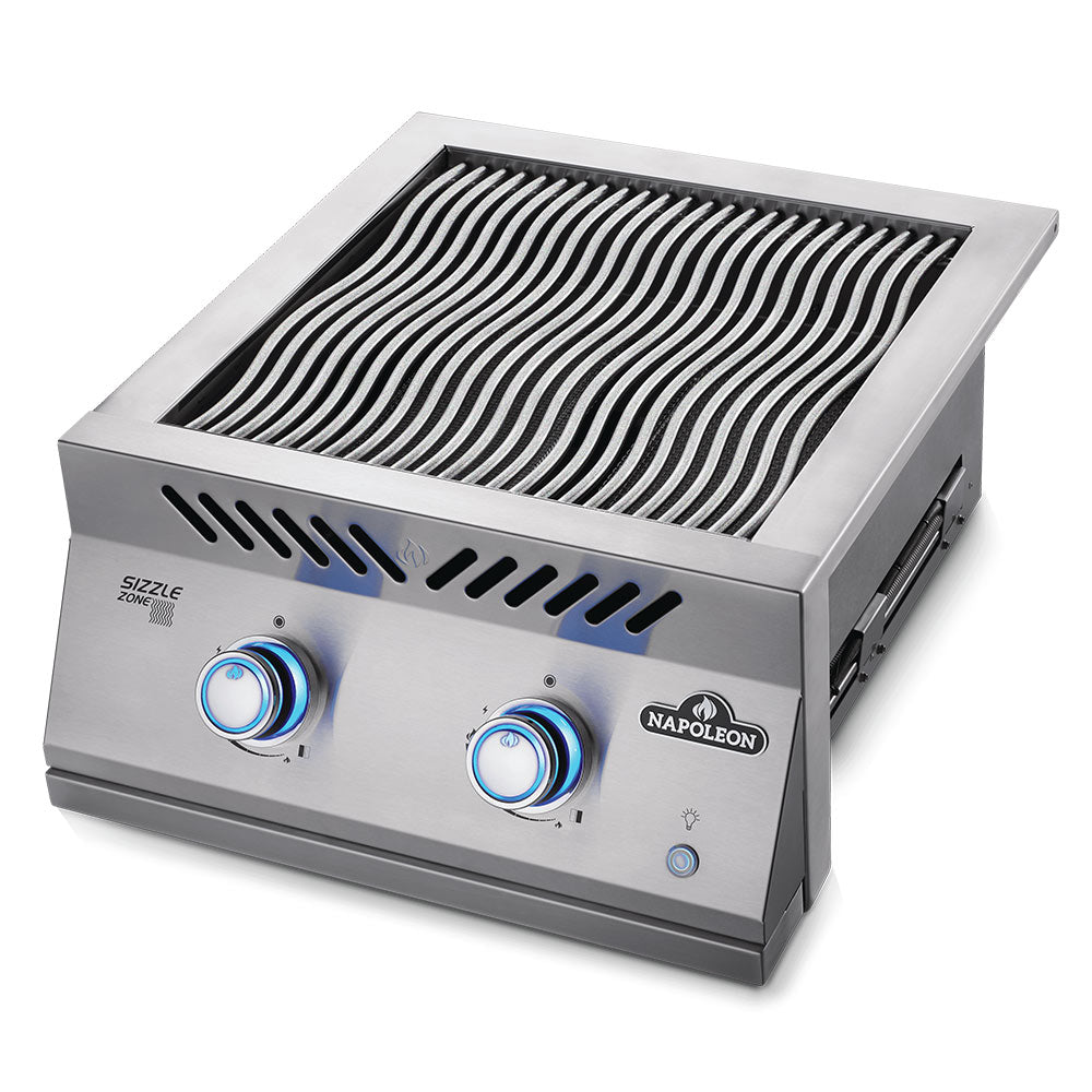 Stainless steel dual infrared grill burner, open grate and sizzle zone label