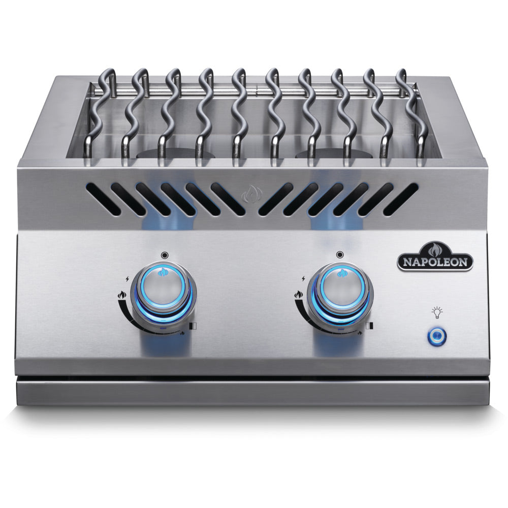 Stainless steel dual-range gas burner with two control knobs and nine curved grates