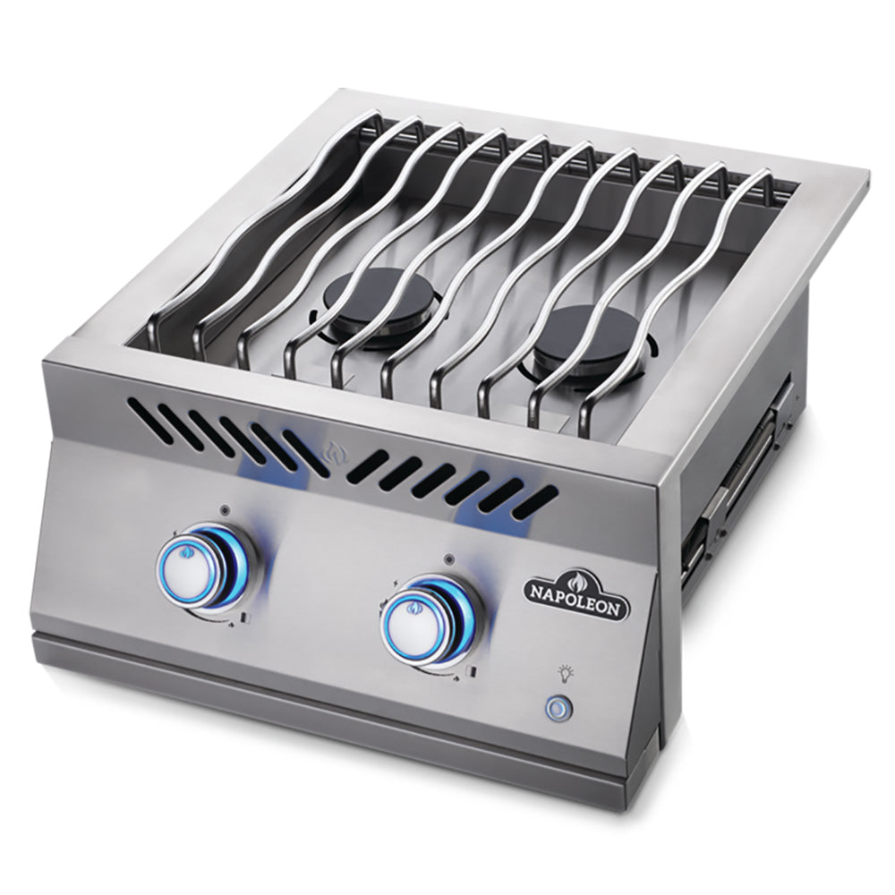 Stainless steel dual-range gas burner with two knobs and curved burner grates, open top