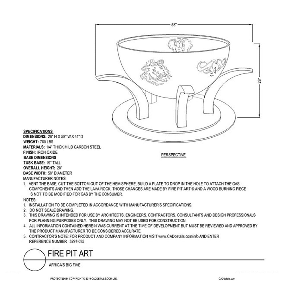 Wood fire pit dimension diagram with top and side view outlines on a spec sheet.