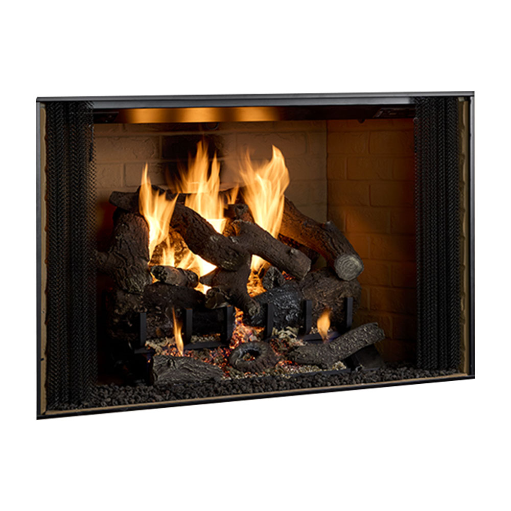 Black mesh-screen wood-burning fireplace insert with burning logs and embers