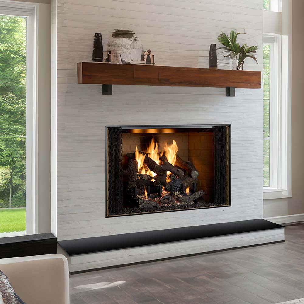 36-inch wood-burning fireplace insert with burning logs and black frame