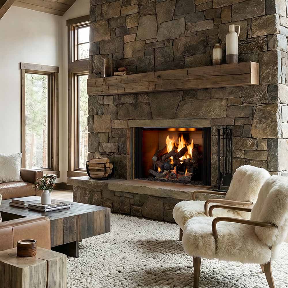 Stone-clad wood-burning fireplace with black screen and burning logs