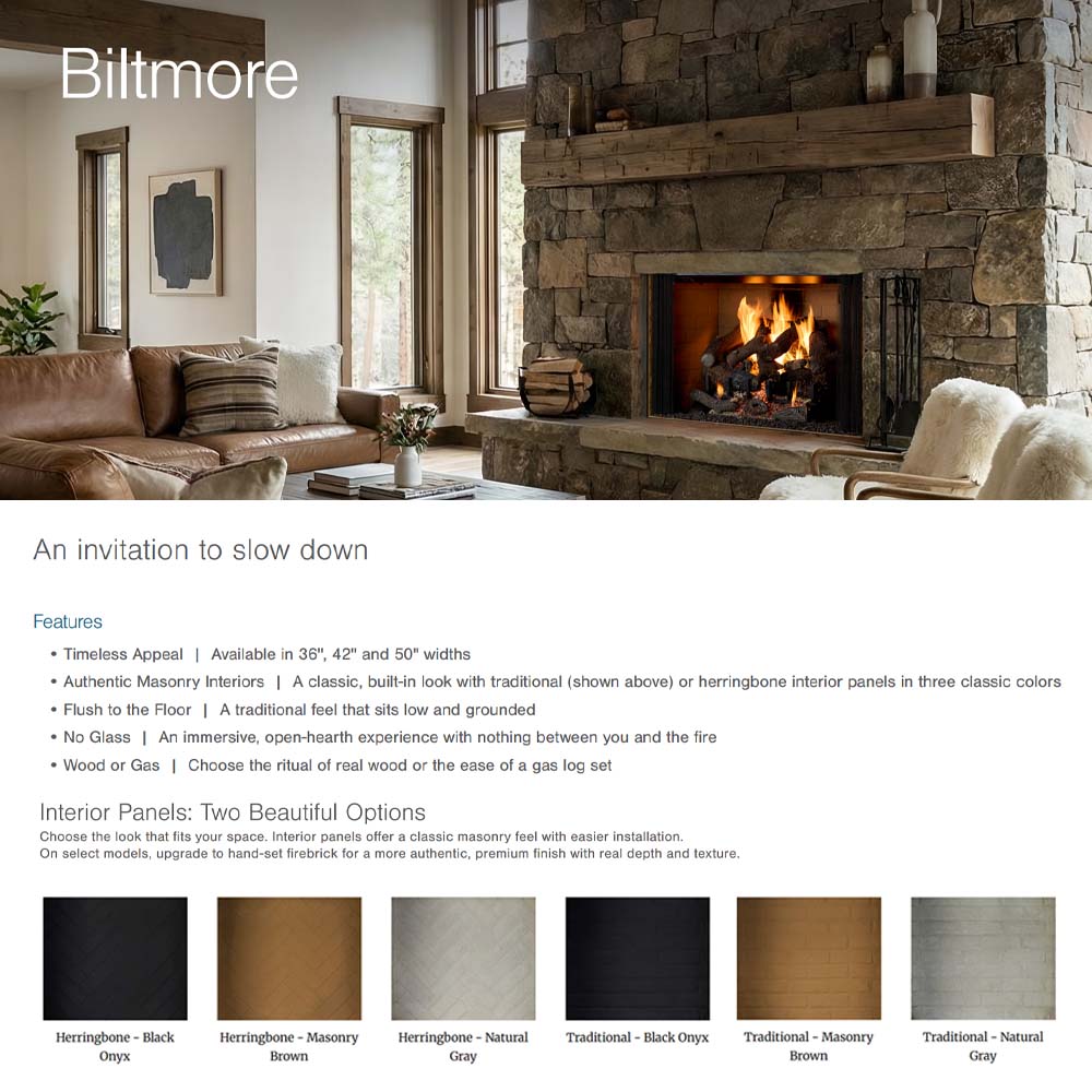 Stone wood-burning fireplace with wooden mantel, black mesh screen, and flames