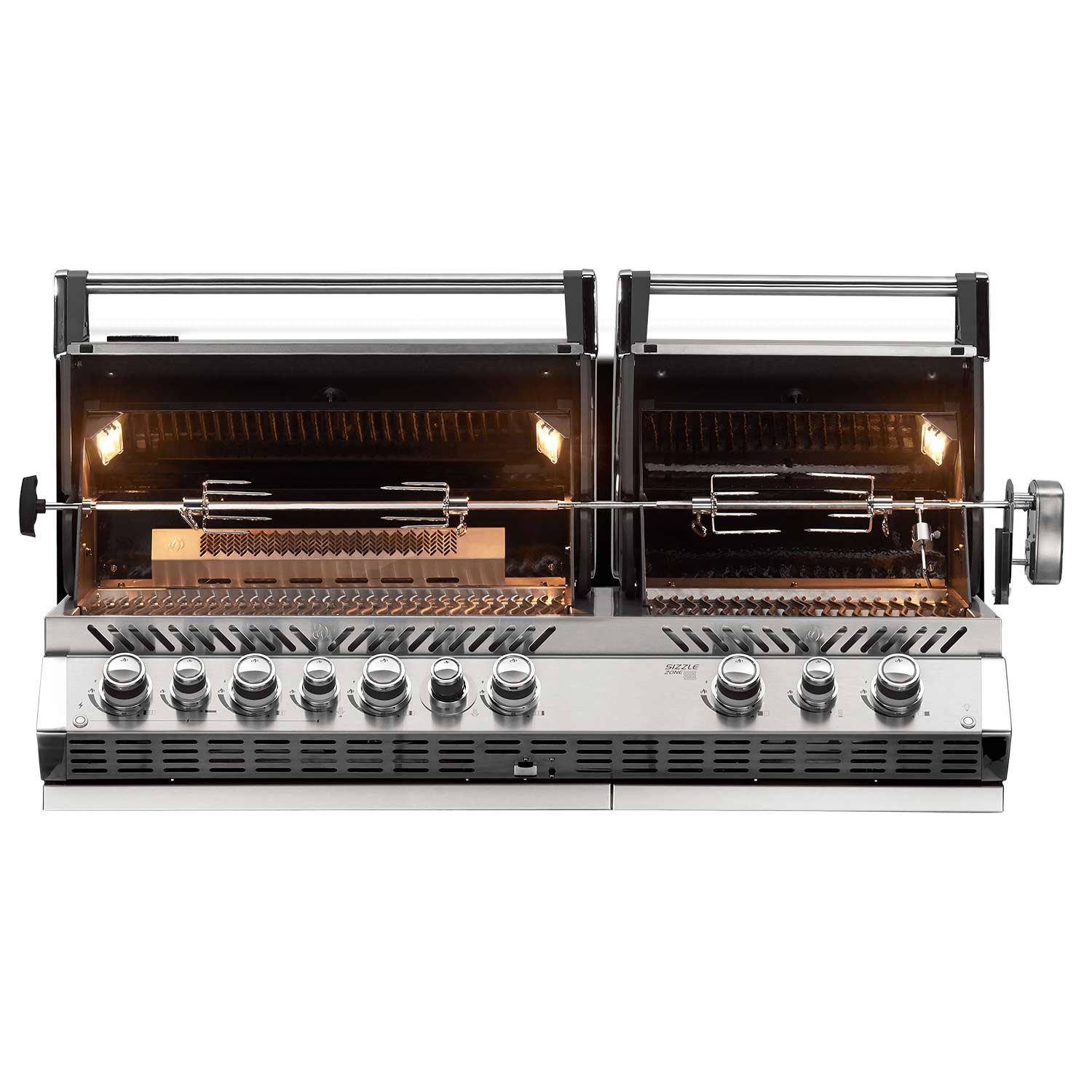 Open stainless gas grill with cooking grates and rotisserie spit inside the hood