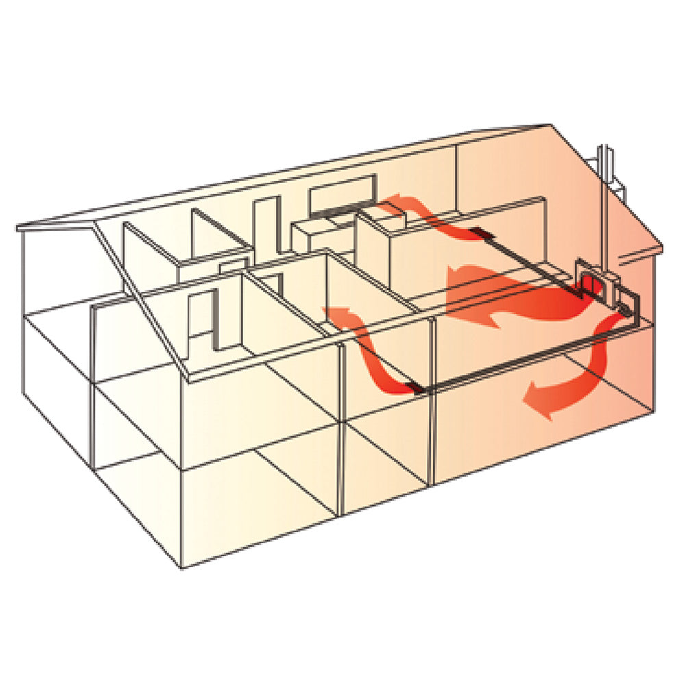 Forced air heating kit diagram with duct channels and airflow arrows