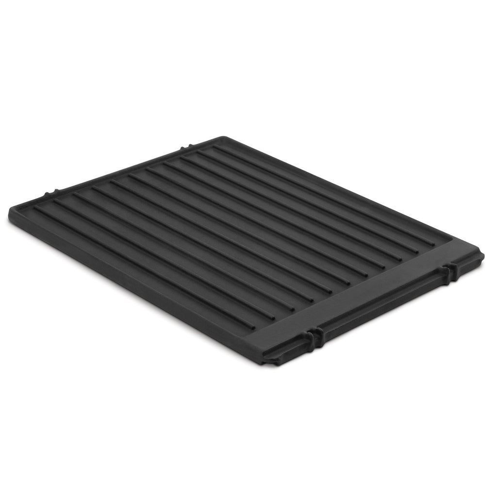 Cast iron griddle plate with long raised grill bars and black finish