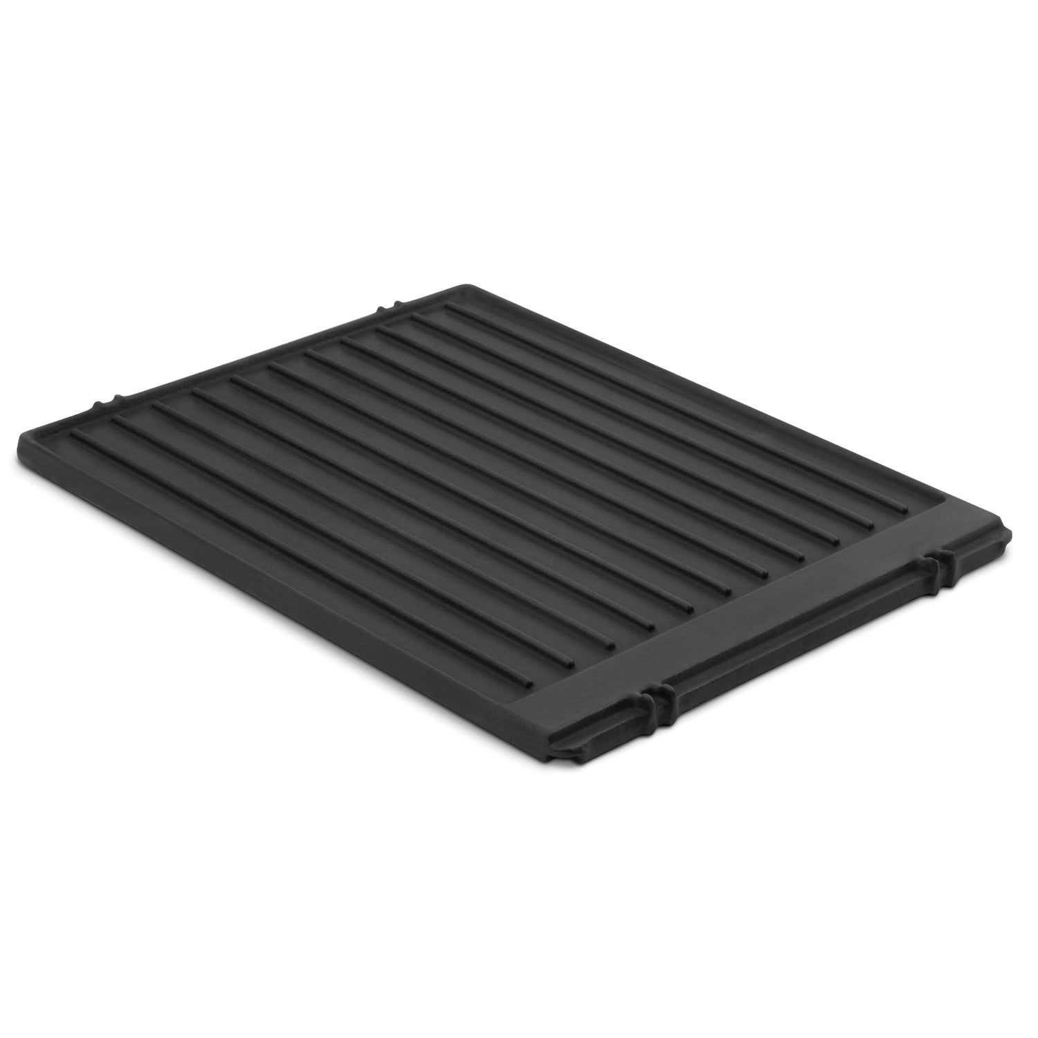 Cast iron griddle plate with long raised grill bars and black finish