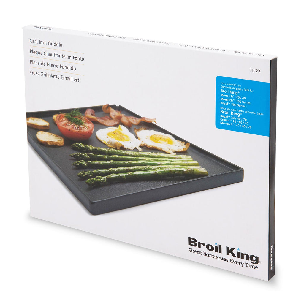 Broil King cast iron griddle retail box showing griddle with grilled food