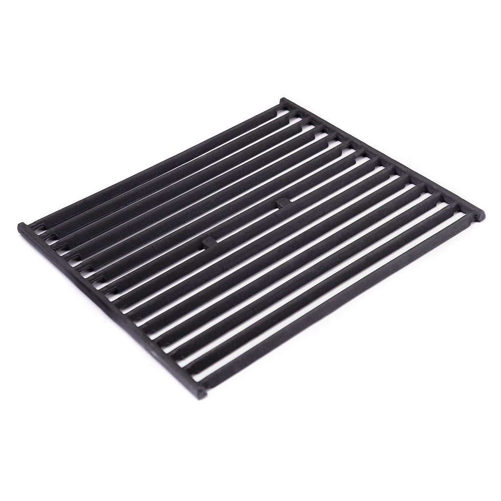 Cast iron cooking grid with parallel bars and corner handle cutouts, dark gray