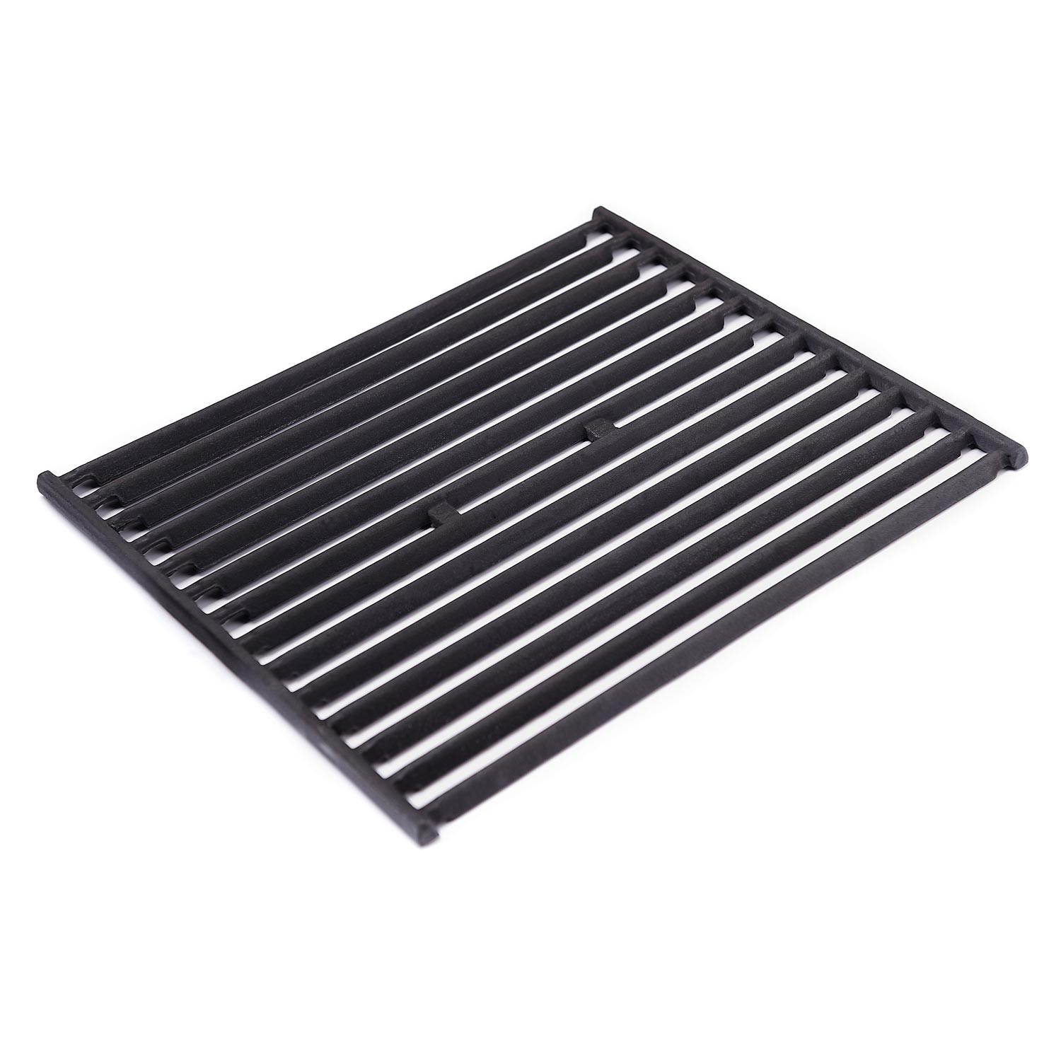 Cast iron cooking grid with parallel bars and corner handle cutouts, dark gray