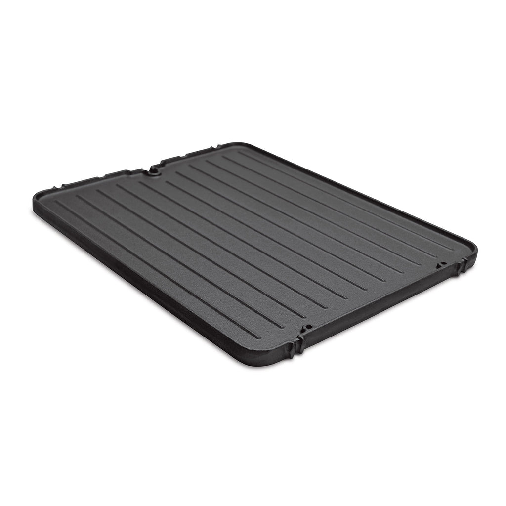 Cast iron griddle insert with ridged cooking surface and corner tabs