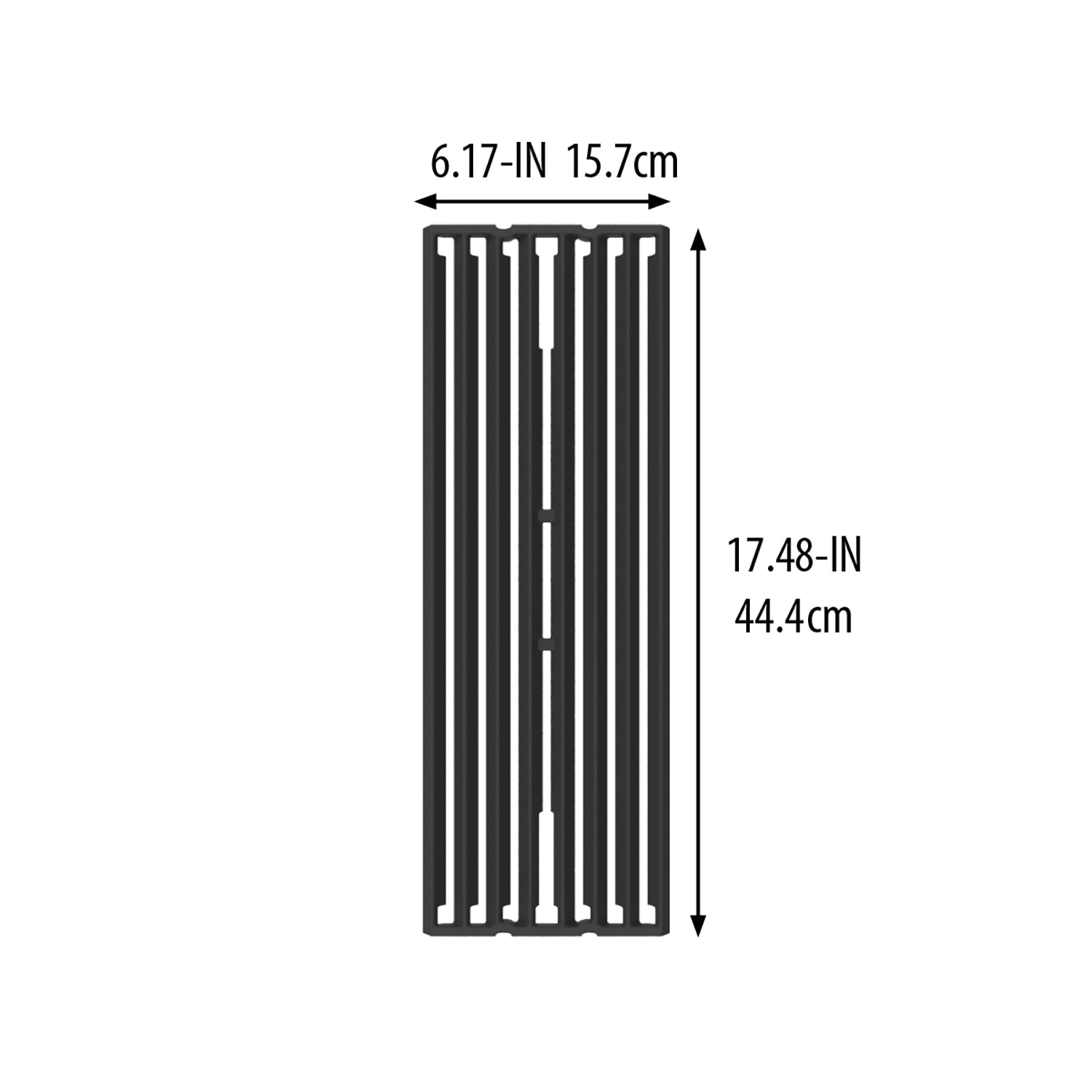 Cast iron cooking grid size diagram showing 17.48 in by 6.17 in dimensions