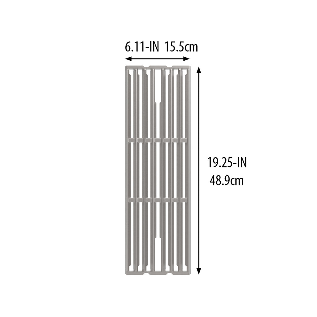 Stainless steel cooking grid dimensions: 19.25 in (48.9 cm) x 6.11 in (15.5 cm)