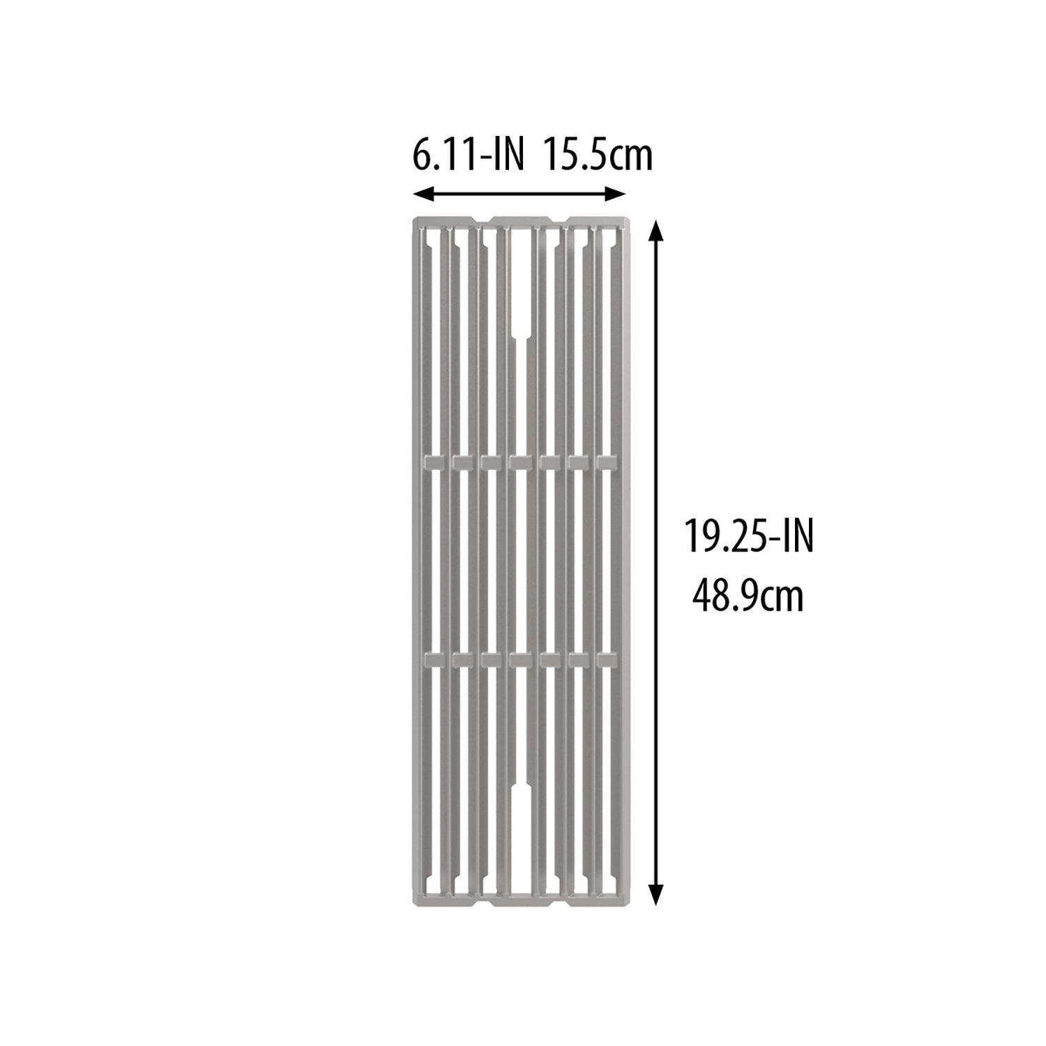 Stainless steel cooking grid dimensions: 19.25 in (48.9 cm) x 6.11 in (15.5 cm)