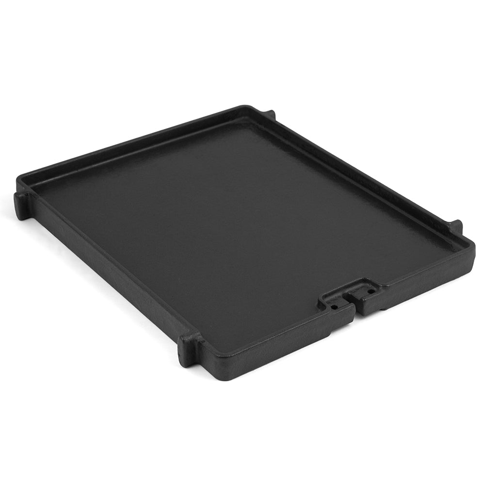 Cast iron side burner griddle with flat black cooking surface and side handles
