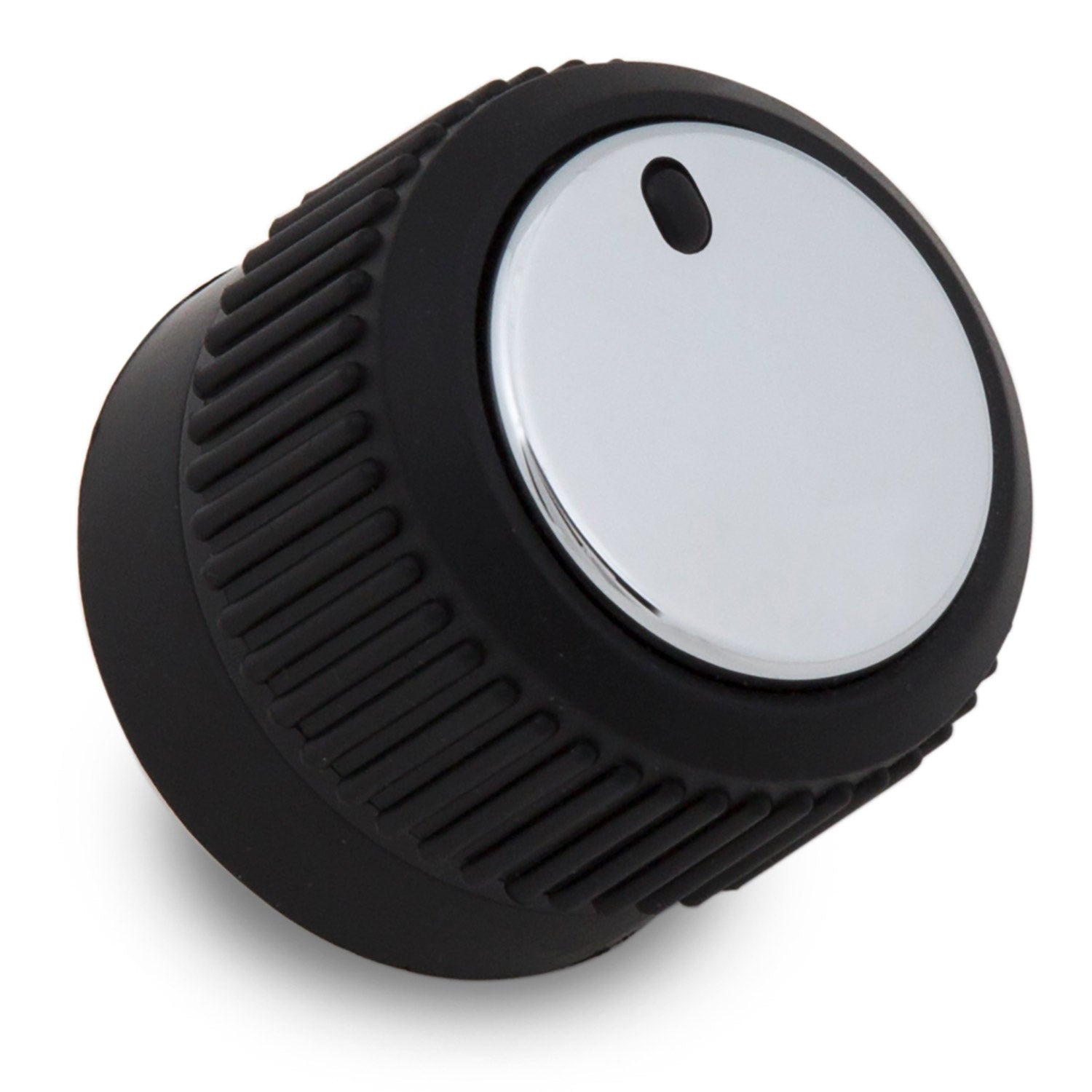Black round control knob with ridged edge and white center insert