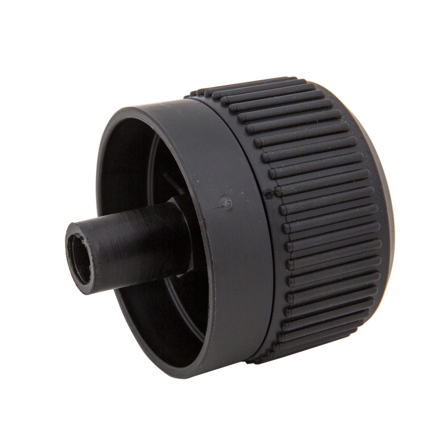 Black grill control knob with ridged outer ring and mounting post