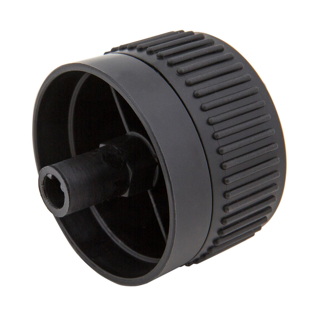 Black control knob with ridged grip and hex drive opening for grill burners