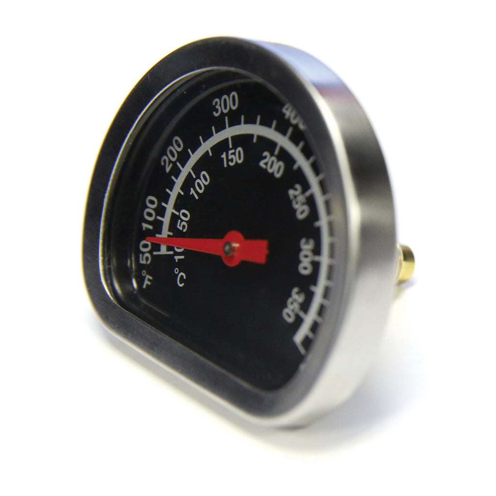 Black lid heat indicator thermometer with round dial, red pointer, and temperature scale