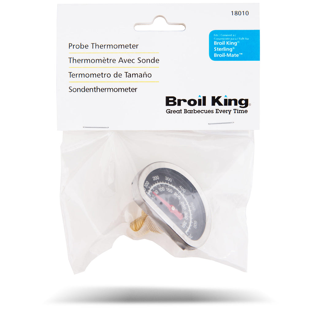 Probe thermometer in retail package with black dial, temperature markings, and hanging hook
