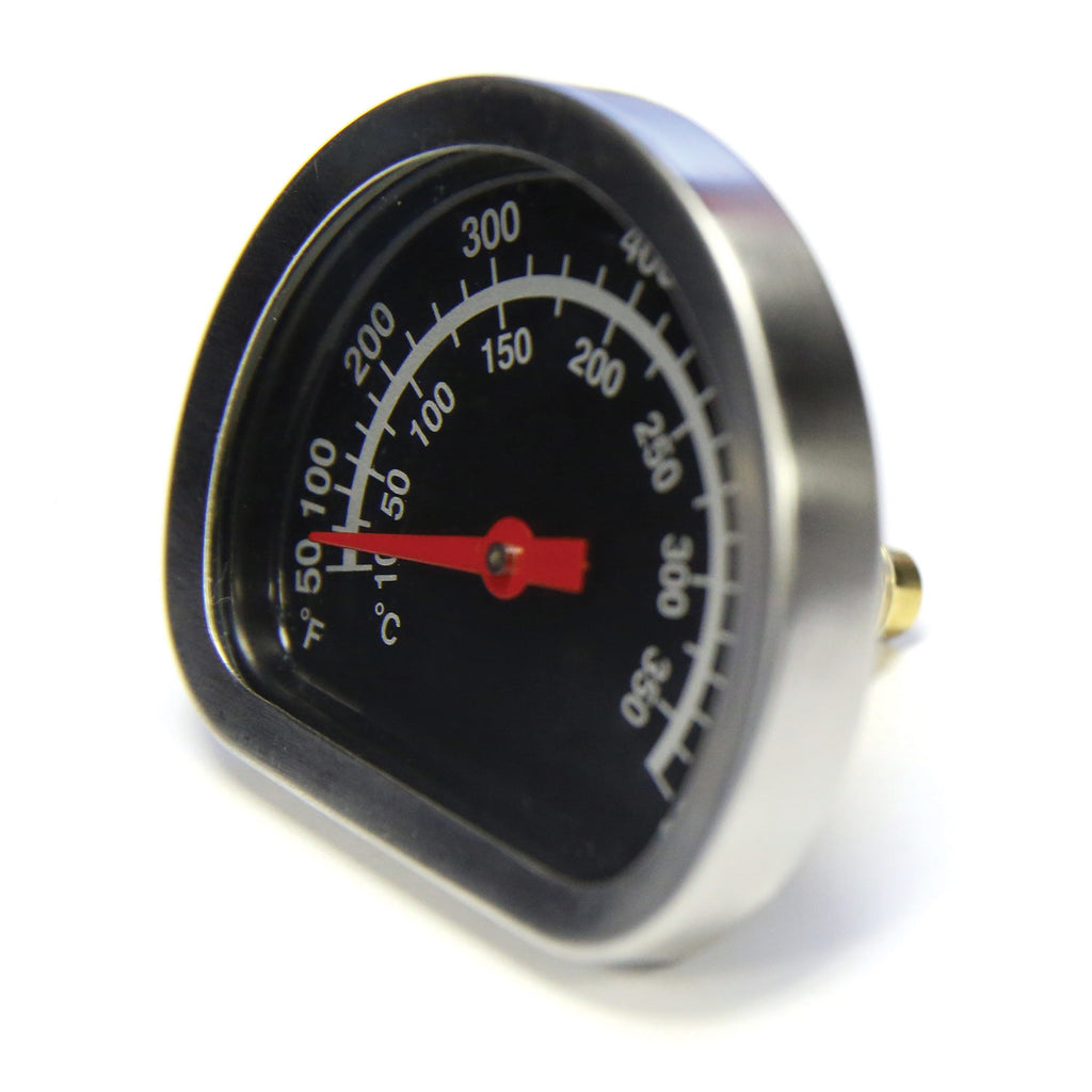 Broil King lid heat indicator gauge with black dial, red needle, F/C markings