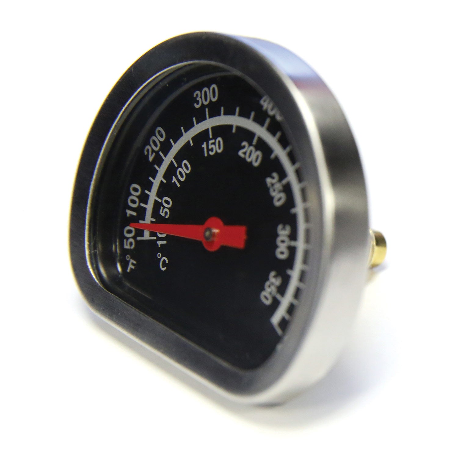 Broil King lid heat indicator gauge with black dial, red needle, F/C markings